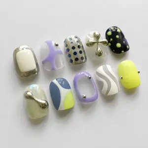 Handmade Y2K Abstract Mix and Match Press On Nails, 3D Metallic Chrome Short Round Fake Nails, Modern Minimalist Indie Manicure