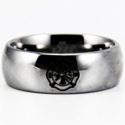 Silver Tungsten Firefighter's Black Logo Ring