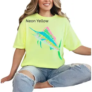 Preppy Sailfish, Coastal Fish, Watercolor Marlin, Tropical Fishing, Beach Shirt, Summer Ocean, Trendy Neon Summer T-shirt