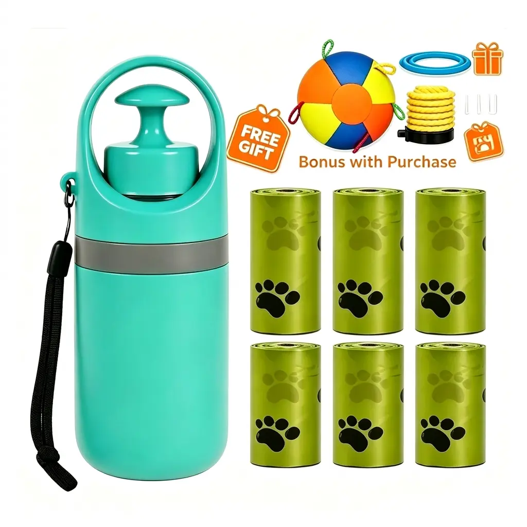 Portable No-Touch Pet Poop Scooper with Waste Bag Holder (6 Count) & Leak-Proof Container, Compact Design with Dispenser for Small to Large Dogs, Essential Outdoor Pet Supplies, FREE Bonus Jumbo Dog Herding Ball Included With Purchase