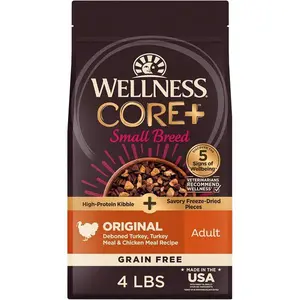 CORE+ Small Breed Adult Dry Dog Food with Freeze Dried Pieces, Grain Free Kibble+, Natural, High Protein, Turkey and Chicken Recipe, 4 lb Bag
