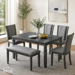 ARCH 6-Piece Dining Table Set with Bench and Chairs for 6, Modern Wooden Rectangular Dining Room Set, Grey MDF Rubberwood Table with Upholstered Chairs and Bench, Kitchen Dining Furniture Set for Family Gatherings, Easy Clean, Color: Gray