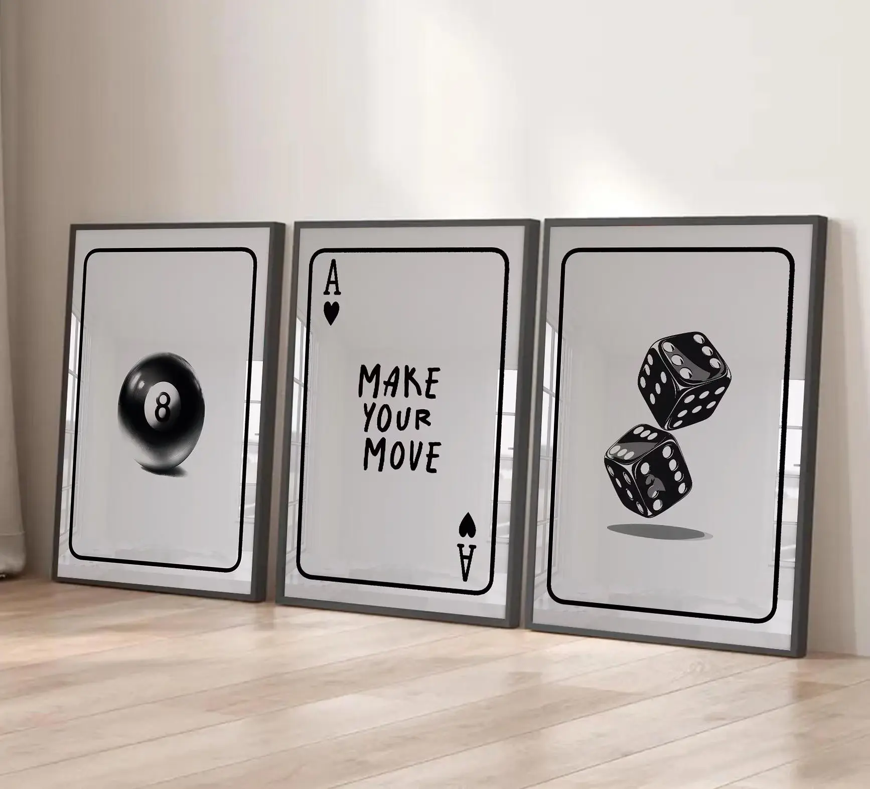Game Room Wall Art Posters Set - Dice, 8 Ball, Card Themed Prints for Home Decor
