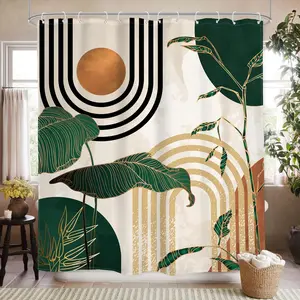 Glawry Green Boho Shower Curtain 72Wx72L Inches, Abstract Retro Mid Century Shower Curtains for Bathroom Decor,Minimalist Tropical Modern Shower Curtain Set Home Decor 12 Pack Hooks