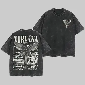 Retro Limited Nirvana Band Tour Black 2-Sided Vintage Tee Graphic Unisex Oversize Rock Band Washed Heavyweight Cotton T-shirt Gift For Rock Music Lovers Vintage Band Shirts Casual Fabric Fit Top Womenswear Streetwear Tshirt Round Neck Crewneck Shortsleeve