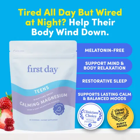 First Day Teen Calming Magnesium Gummies Ages 13-17, Natural Passionfruit Guava Flavor — Magnesium Citrate, Affron — Relaxation, Restful Sleep, Calm Mood, Stress Relief — No Melatonin, 30-Day Supply, Vegan, Non-GMO, No Junk