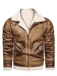 Men's Sherpa Lined PU Leather Zip Up Jacket, Regular Fit Casual Long Sleeve Collared Pocket Outerwear for Winter, Men's Clothes for Daily Wear Vintage Jacket