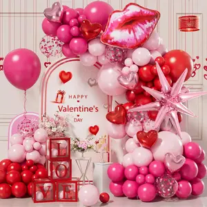 Valentine's Day 152-Piece Multi-Size Natural Latex Rubber Balloon Arch Garland Kit, Including Hot Pink, Red, Pastel Pink Confetti, Heart, Lip, Explosion Star Foil Balloons & Knot Tool for Romantic Event, Wall Decorations
