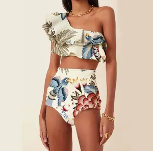 Woman One Shoulder Ruffle Swimsuit with High Waist Bikini