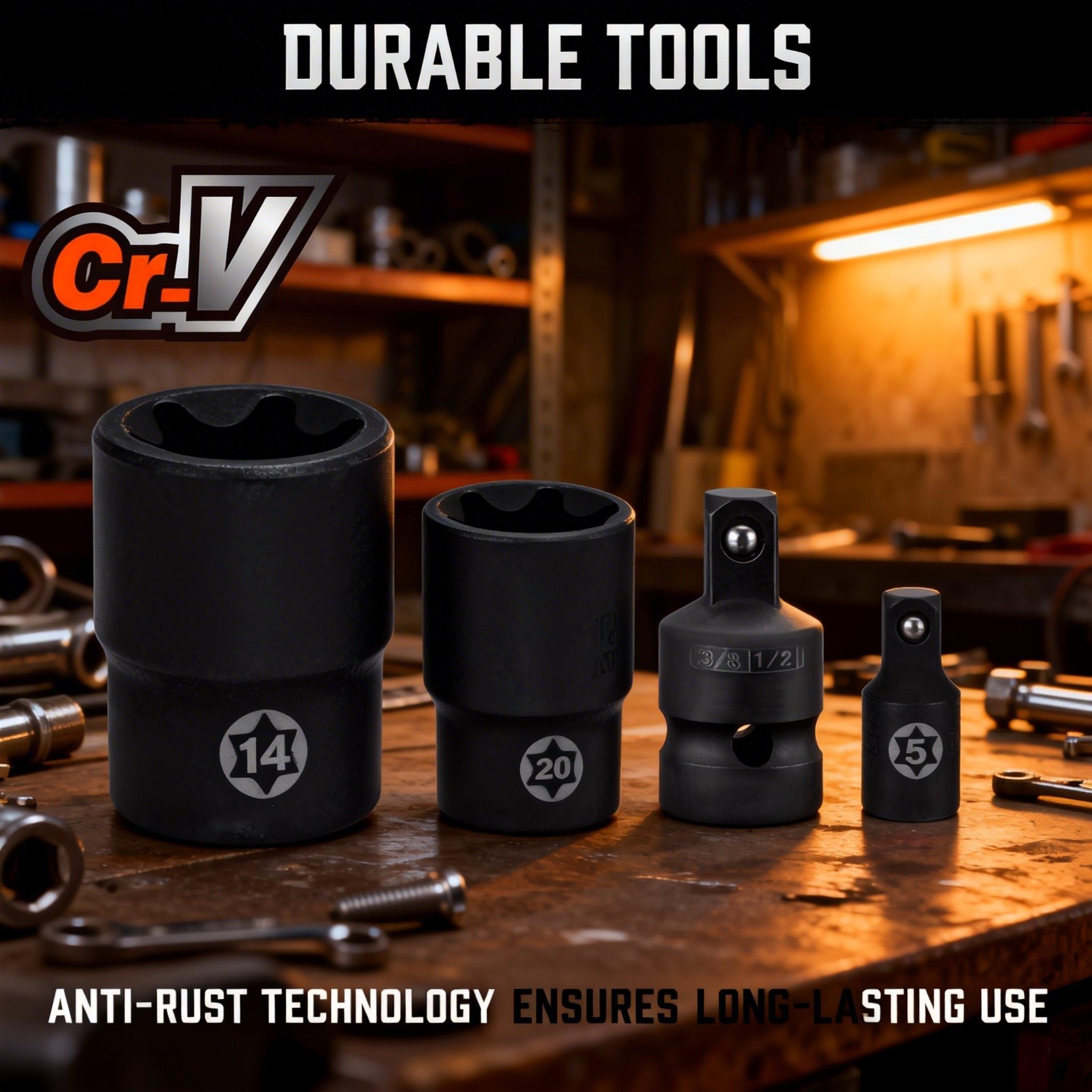 31-Piece Torx Bit Socket and External Torx Socket Set，E-Type Sockets, Torx Sockets, External Torx (T30, T40, T50), Internal Torx (E8, E10, E12, E14), and Torx Bits