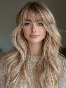 Fashionable New Long Curly Blonde Wigs with Bangs and Dark Roots, Synthetic Women's Wigs for ordinary Work, Life, Dance Parties and All Occasions, Synthetic Wavy Wig