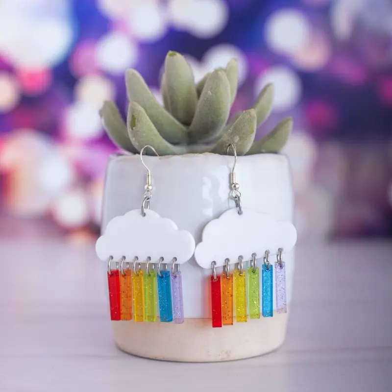 Pride Rainbow Glitter Jelly Medium Rain Cloud Dangle Earrings