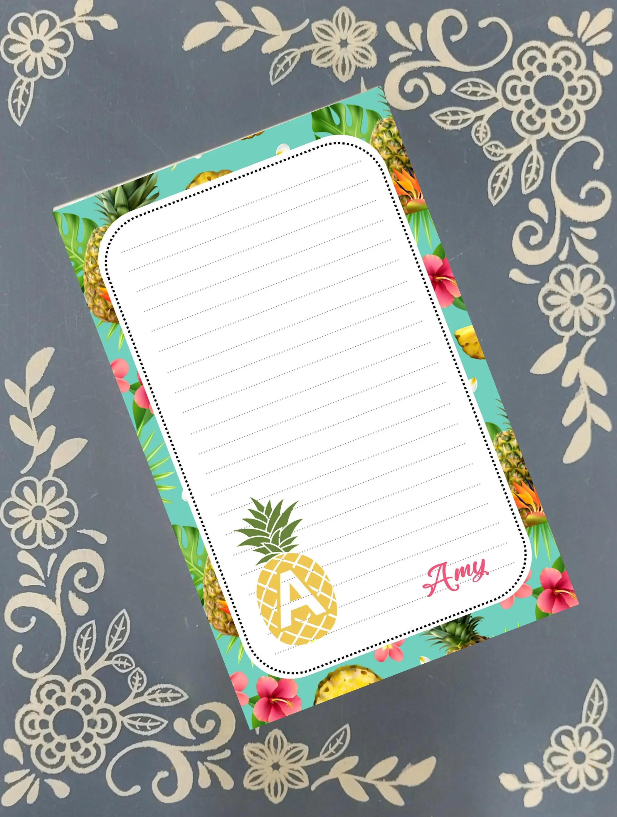 Personalized Pineapple 3, Custom Monogram, Notepad Stationery