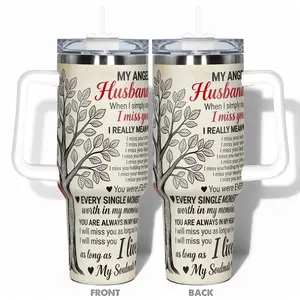 Valentine's Gift 40oz/30oz/20oz/14oz Stainless Steel Cup with My Angel Husband I Miss You Sentimental Tree of Life Design Hydration Reminder Tumbler for Wife Husband Girlfriend Boyfriend Perfect for Fitness Hikin