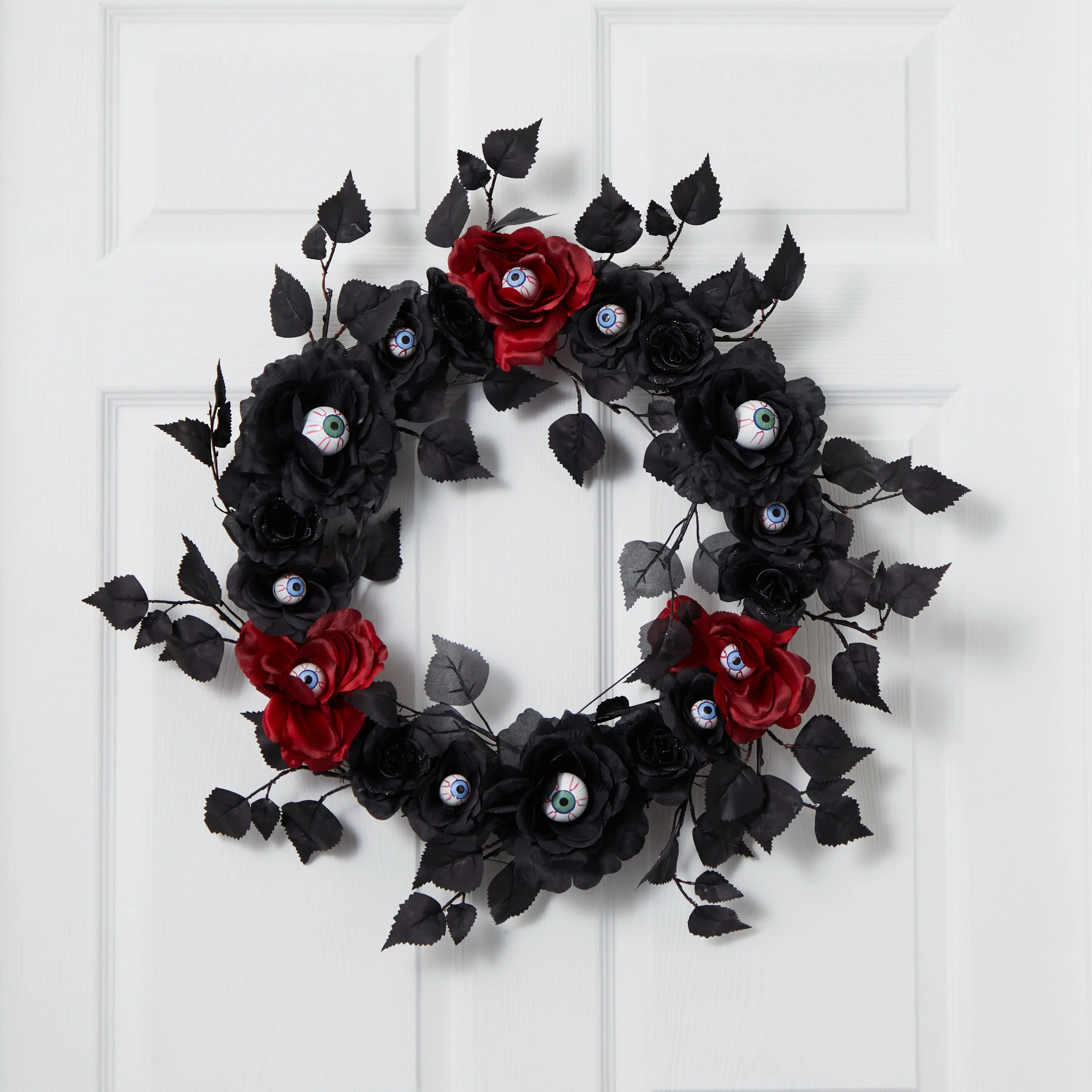 24 inches Horror Synthetic Spooky Eyeball Rose Wreath, Halloween Creepy Style Wreaths Garlands & Swags Decor with Flowers & Ornaments for Front Door Display, Halloween Enthusiasts