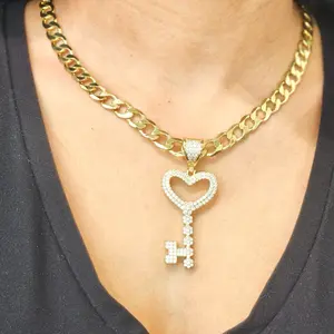 ViOrO 14K Gold Plated 8mm Cuban Link Chain with Zircon Key-Heart Pendant for Dairy Use. Electro Laminated Premium Jewelry