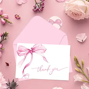 Blue Bow Thank You Cards with Envelope & Stickers, Fun Party Cards, Birthday Party Wedding Supplies, 2pcs-24pcs Set, Ideal for Greetings