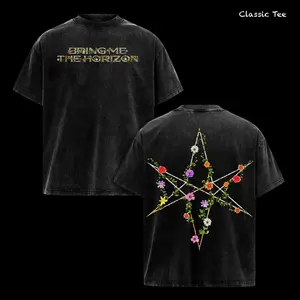 Bring Me The Horizon Floral Star Shirt – Vintage Acid Washed Oversized Graphic T Shirt, BMTH Band Merch Aesthetic, Alternative Rock Streetwear, Flower Star Back Print, Heavyweight Soft Cotton Unisex Tee, Gift for Music Fans