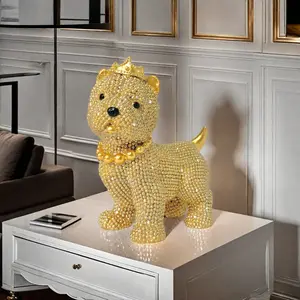 Dog Statue with Gold Crown Necklace, Beaded Dog Sculpture, Cute Collectible Figurines, Office Bar Shop Decor, Universal Holiday Gift, Various Rooms