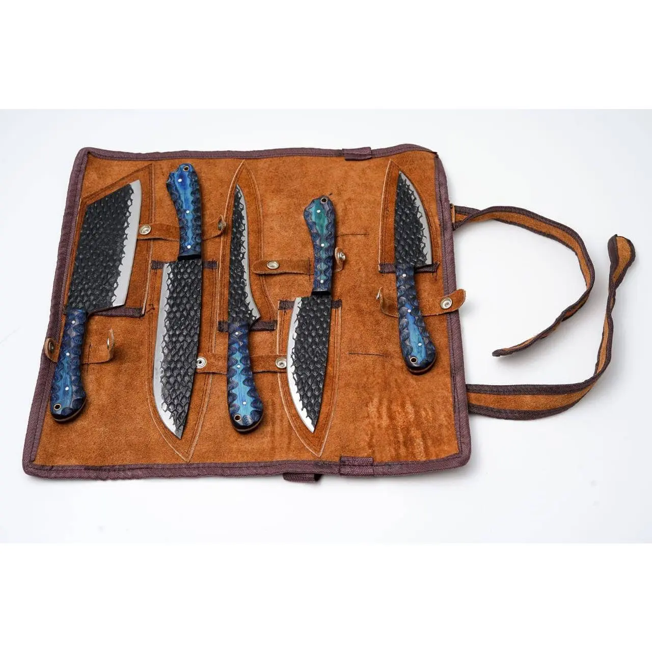 Personalized 5-Piece Hand-Forged Kitchen Knife Set – Engraved Wedding & Housewarming Gift, Blue Diamond Wood Handles