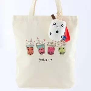 Boba Tote Bag Gift Set – Includes Cream Canvas Bag, Cute Boba Keychain, and Random Enamel Pin for Everyday Style and Milk Tea Runs