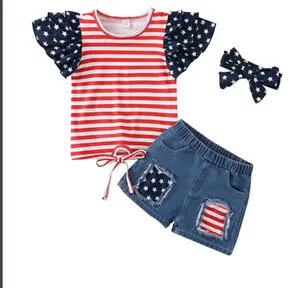 Ready Stock 12m-4y Toddler Kid Girls 4th of July Indepandence Day Outfit Stars and Stripes Short Sleeve Patchwork Tops Ripped Denim Shorts Headband 3Pcs Clothing 224030001 Costume Shirt Casual Jeans Summer Gift Set