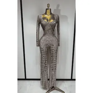 Eniko Shiny Silver Sequin Diamond Performance Jumpsuit