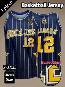 Men's Boca Jrs #12 striped retro basketball jersey, dark blue and yellow contrasting embroidered sports top, loose and breathable comfortable sleeveless vest, suitable for daily leisure outdoor activities, street fashion, running and exercise