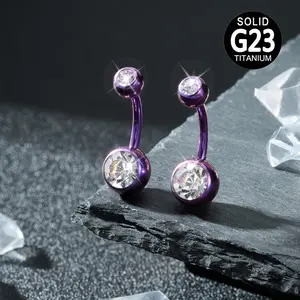 14G Titanium Belly Button Rings, Externally Threaded 8mm Long Belly Ring, Round CZ Navel Rings for Women Men Purple Color