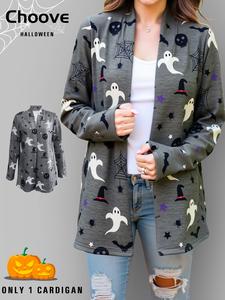 women's halloween cat pumpkin print soft knit cardigan, casual loose-fitting sweater for spring & fall, cute autumn winter fashion