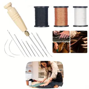 3 Pcs Spool Nylon Thread Sewing Kit, 80 Yards Each, Heavy Duty Needles (5 Straight, 2 Curved), Sewing Awl, Ideal for Upholstery, Leather, Shoes & DIY Crafts