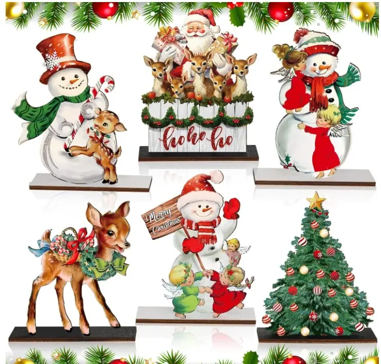 6 Pcs Christmas Table Decorations Christmas Table Top Centerpieces Vintage Wooden Retro Christmas Decor Snowman Deer Tree Santa Table Sign Ornaments for Xmas Winter Holiday Dinner Party