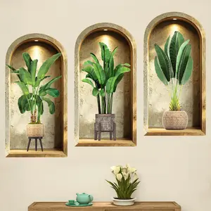 3-piece set, Nordic green plant themed simulated arched window flower basin wall sticker, self-adhesive removable decorative sticker, suitable for wall decoration in living rooms, dining rooms, and study rooms, Home Decor, Vinyl Wall Stickers