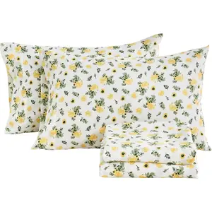 Floral Queen Sheet, Yellow Flower, 4 Microfiber Printed Queen, 17" Deep Pocket Floral Pattern Boho Sheet, Wrinkle Free, Machine Washable