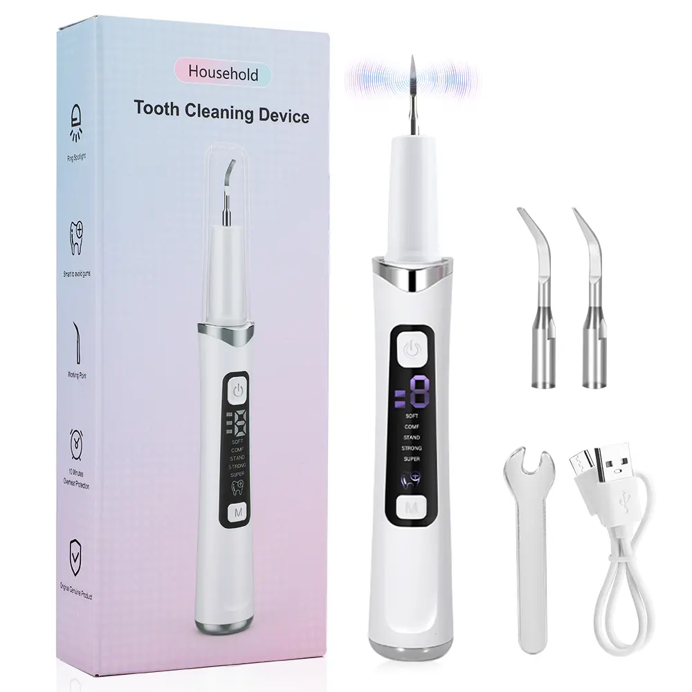 37kHz Ultrasonic Oral Teeth Cleaner, Gum-Friendly Tartar Stain Remover with 5 Modes 9 Power Levels & Multi-Color LED Light, Rechargeable Home Teeth Cleaning Device with Replacement Tips