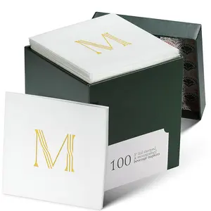Monogrammed Cocktail Napkins - 100 Pack Linen-Feel Gold Foil Letter M, Perfect for Weddings, Parties & Bar Use Cutlery Tableware
