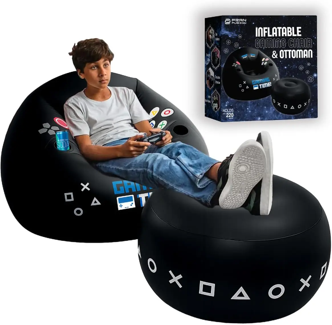 Inflatable Gaming Chair for Kids & Teens with Cup Holders and Side Pocket - This Air Bean Bag Game Chair is The Perfect Furniture for Gamer Room Décor (Gaming Time with Ottoman)