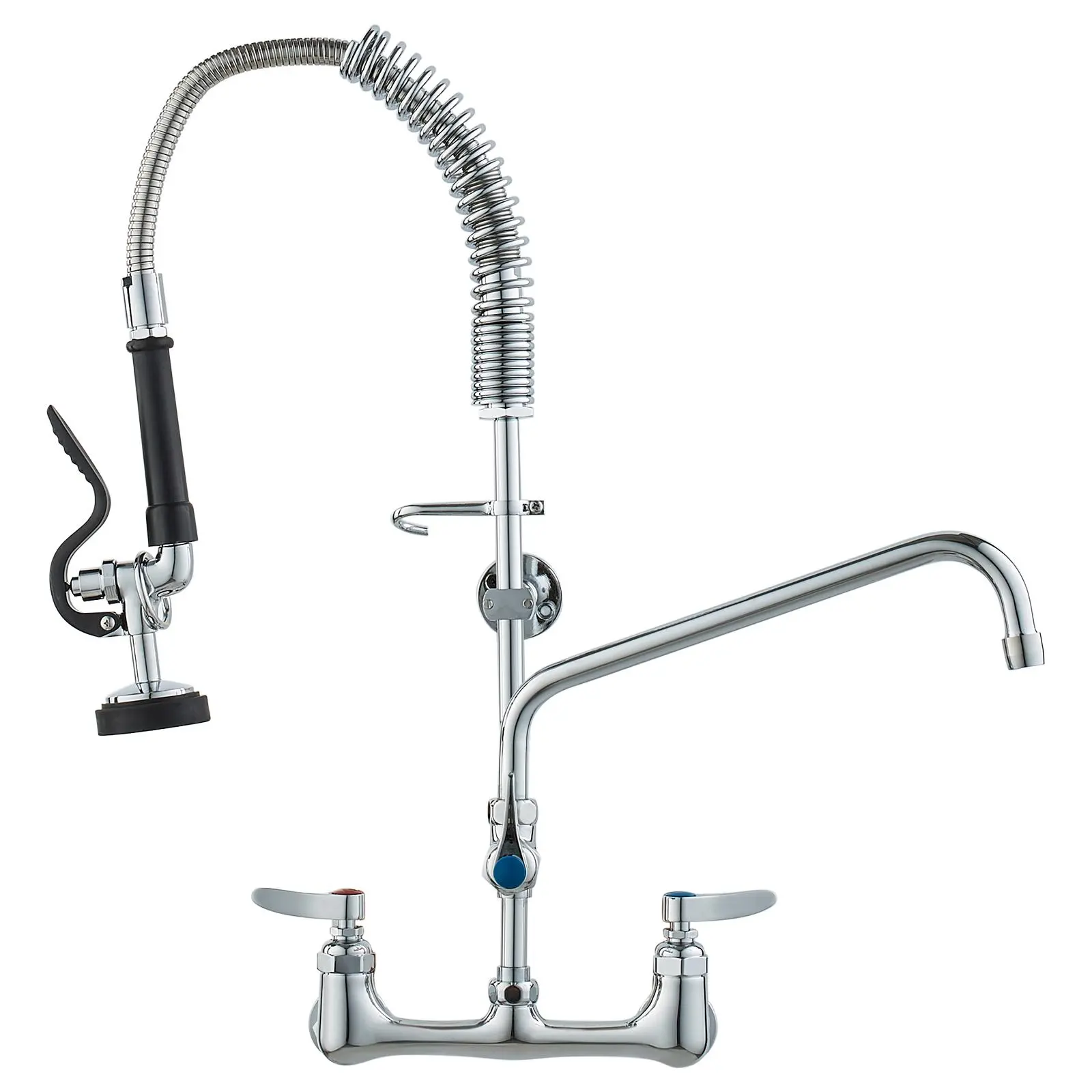 VEVOR Commercial High Arc Double Handle Wall-Mounted Kitchen Faucet, 25" Tall, 8" Center Distance, 12" Rotatable Pull-Down Spout with Sprayer, Brass Build, Pre-Rinse Function, for Multi-Compartment Sinks, Commercial Kitchen Faucet, High Arc Faucet