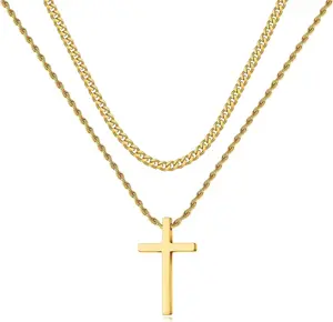 Mens Double Layer Cross Necklace - Gold