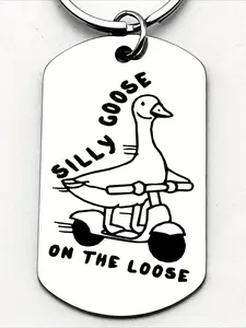 Stainless steel keychain with a humorous cartoon duck riding a scooter design and "Silly Goose on the Loose" engraving - a fun metal gift and durable accessory, exclusively for men, friends, and family, Stylish Keychain