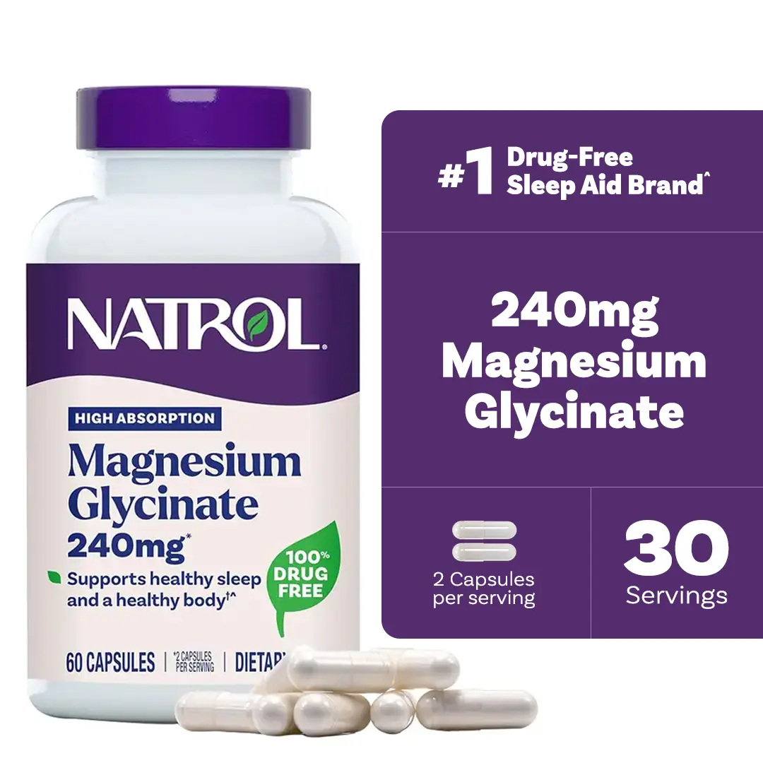 Natrol Magnesium Glycinate Dietary Supplement - 240mg High-Absorption, High-Bioavail Mineral, Dairy-Free, Drug-Free Self Care Product for Youth Healthy Sleep Support, Muscle Health & Metabolism - 60 Capsules, 30-Day Supply