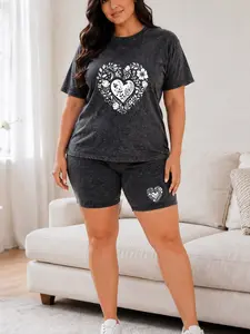 Women's Plus Size Black Acid Wash Look T Shirt and Biker Shorts Set, Floral Heart Graphic, Casual Two Piece Outfit 1XL-5XL