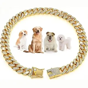 🔥 Barkuterie Board Collar🔥 Cuban Link Chain with Genuine Crystals Quick-Snap Safety for XS-XXL Pets 24K Gold Plated Dog/Cat Jewelry