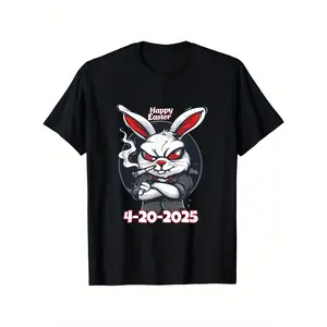 Men's Happy Easter 420-2025 Funny Bunny T-Shirt - 100% Pure Cotton, Black Round Neck, Soft & Comfortable,  Ideal for Casual Outings, Family Gatherings & Birthday/Easter Gifts