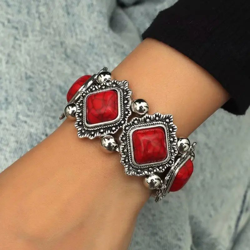 Stretch Elegant Red Stones With Silver Tone Finish Fashion Bracelet