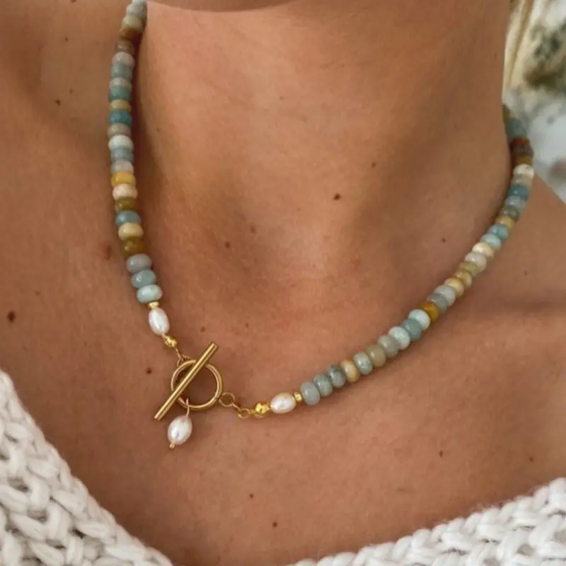 Fashion Freshwater Pearl Natural Stone Beaded Ot Clasp Necklace, Bohemian Style Personalized Design, Unique Jewelry Accessory, Trendy Necklace