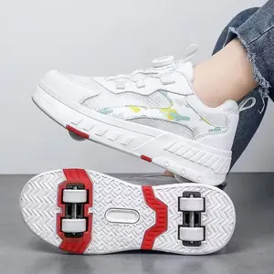 YINGCSM Trendy Youngsters' Four-Wheel Dual-Use Sneakers with Rotating Closure Breathable Mesh Skate Shoes Outdoor & Casual Wear Lightweight Durable Design All-Season Comfort Skateboarding Footwear Pattern Cover Upper