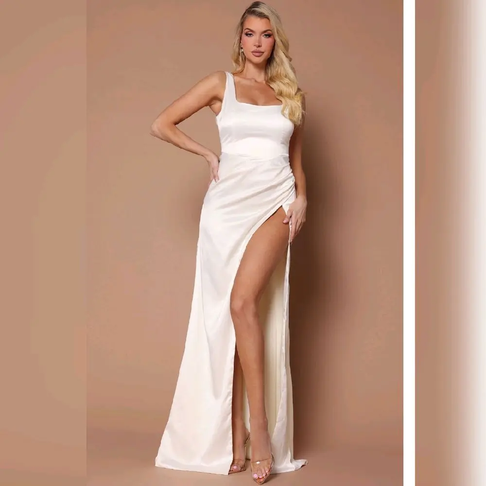 Belle A-Line Mermaid Cream Wedding Dress with Elegant Split Thigh Design for Special Occasions Evening Gown for All Occasions Prom Dress Minimalist Sleeveless Basic Womenswear