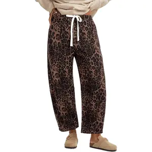 Barrel Jeans for Women Trendy High Waisted Pull On Wide Leg Cropped Leopard Cheetah Print Stretchy Denim Pants
