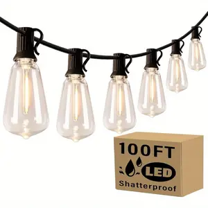 Permanent Light string Outdoor Light String 50Ft/100Ft Yellow LED Combo IP65 Waterproof & Drop-Proof Perfect for outside with 52 shatterproof Bulbs Cafes Streets Festivals and Public Places